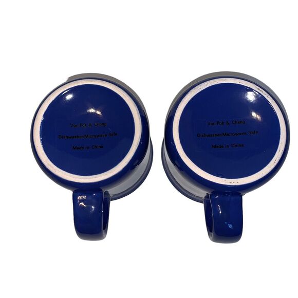 2 Von Pok & Chang Blue Speckled White Black Rim Large 16 oz Stoneware Coffee Mug - Picture 7 of 11